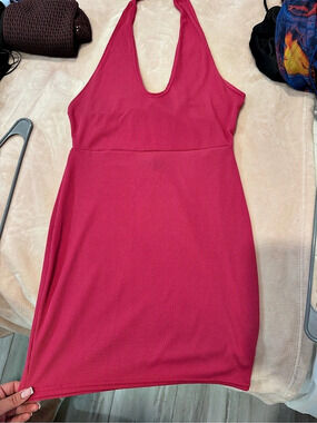 Prettylittlething Pink Ribbed Halter Mini Dress Like New